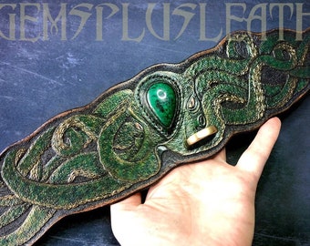 Hand tooled and hand painted leather dog collar with malachite octopus - Stylish artisan accessories by Gemsplusleather