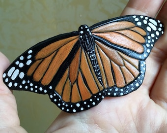 Hand tooled leather monarch butterfly hair barrette or brooch  - Original gift for her - Artisan assessories