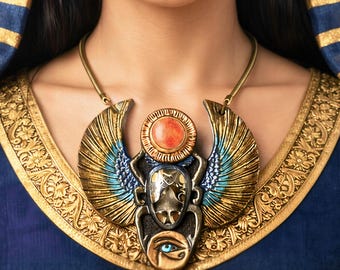 Tooled Leather Egyptian Scarab Necklace: Boho Jewelry with Ammonite & Coral