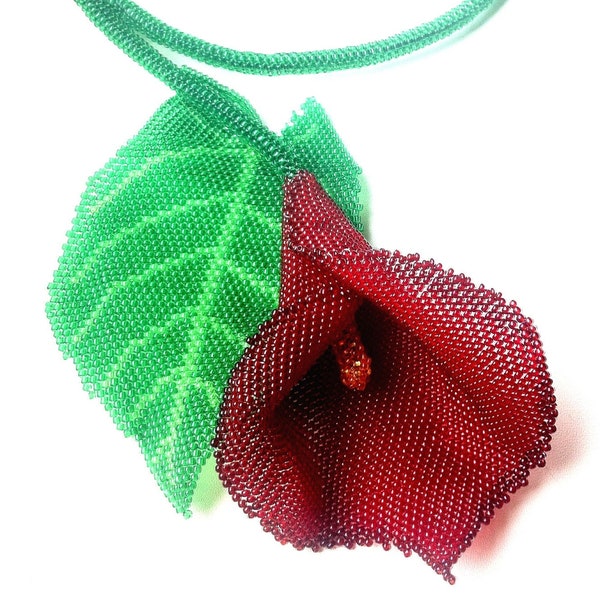 Pattern with photos for beaded calla lily floral necklace on a wire - Beading supply for advanced beaders