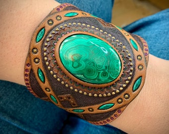 Hand tooled leather antiqued cuff bracelet with malachite - Tribal jewelry by Gemsplusleather - Leather gift for her