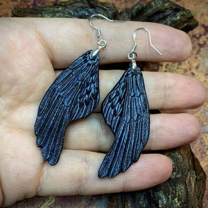 Hand tooled leather raven wings earrings with sterling silver hooks - Artisan fantasy earrings