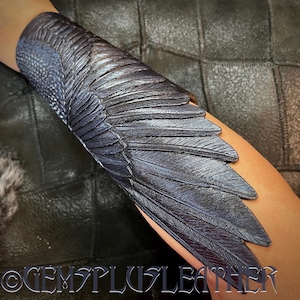 Tooled Leather Raven Wing Bracer: Fantasy Cosplay Gauntlet with Blue Metallic Sheen