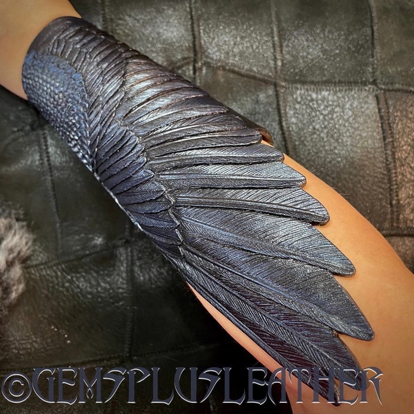 Tooled leather raven wing cosplay bracer  - Tooled leather bracelet / gauntlet for cosplay, LARP - Artisan accessories by GemsPlusLeather