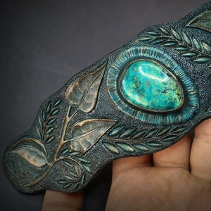 Hand Tooled Leather Cuff Bracelet: Chrysocolla, Antique Bronze Style