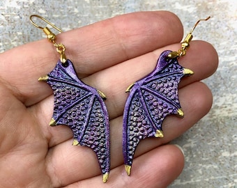 Hand tooled leather iridescent purple-gold dragon wings earrings with sterling silver or gold plated hooks - Artisan fantasy earrings