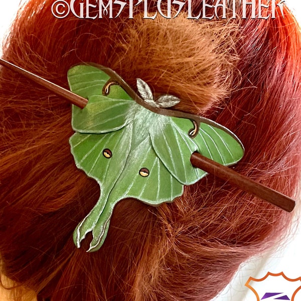 Tooled leather Luna moth shawl pin or ponytail cuff with stick - Lifelike moth hairpin or scarf accessory - Exclusive gift for her