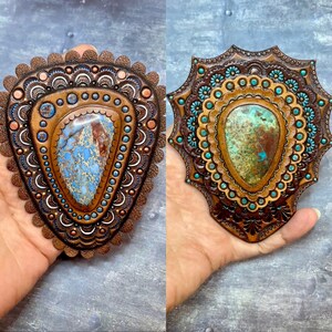 Handpunzierte Lederapplikation mit Edelsteinen - Natürliches Edelstein-Accessoire - Concho für eine Boho-Tasche - Taschenmacher-Zubehör