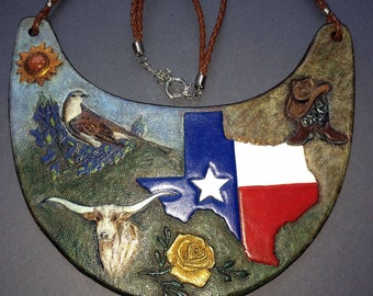 Hand tooled leather bib necklace with symbols of Texas - Exclusive jewelry for real patriots ;)