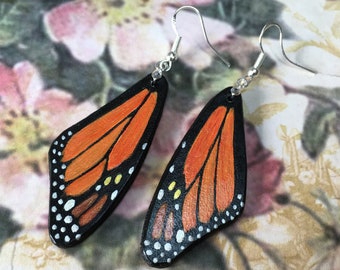 Hand tooled leather bright monarch butterfly wings earrings with sterling silver hooks - Autumn butterfly earrings