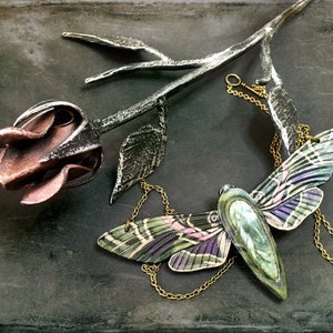 Hand tooled and painted leather hawk moth necklace with seraphinite - Fantasy pendant - Handmade artisan jewelry - Original gift for her