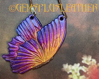 Hand tooled and hand painted leather butterfly pendant - Fantasy butterfly necklace - Handmade artisan jewelry by Gemsplusleather