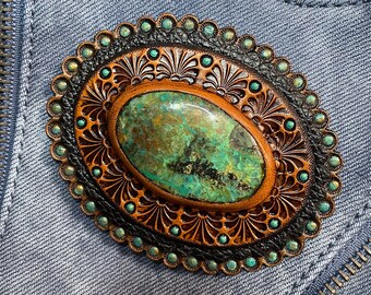 Hand tooled leather concho with chrysocolla cabochon - Natural gemstone accessory - Gemstone for a bag - Bag accessory - Bag maker’s supply