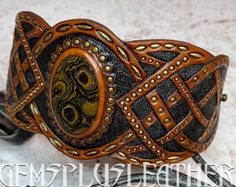 Tribal hand tooled leather cuff bracelet with stromatolite - Antique looking jewelry by Gemsplusleather - Stylish unisex jewellery