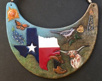 Texas symbols - Hand tooled and hand painted leather bib necklace with symbols of Texas - Exclusive jewelry for real patriots ;)