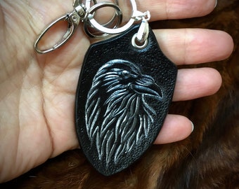 Tooled leather Raven key holder - Hand tooled leather key fob - Original gift - Artisan key holder - Biker's key chain