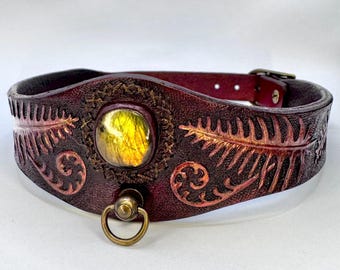 Hand Tooled Leather Dog Collar with Golden Labradorite and Red Fern: Fantasy Pet Accessory