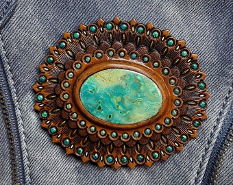 Hand tooled leather concho with chrysocolla cabochon - Natural gemstone accessory - Gemstone for a bag - Bag accessory - Bag maker’s supply