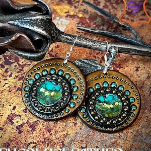 Hand tooled leather Boho style earrings with natural turquoise and sterling silver hooks - Boho chic by GemsPlusLeather - Gift for her
