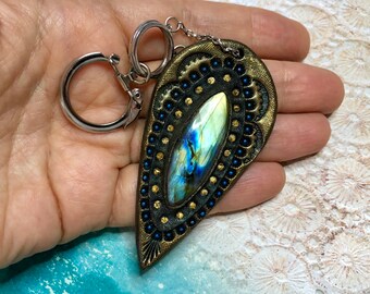 Hand tooled leather key fob with rainbow labradorite - Exclusive gift - Artisan key holder - Custom made souvenir