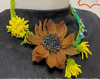 Handmade beaded floral necklace with golden sunflower, dandelions and forget-me-nots - Artisan one-of-a-kind jewelry by GemsPlusLeather