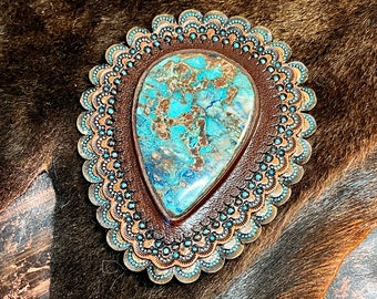 Hand Tooled Leather Concho: Shattuckite Cabochon Bag Accessory