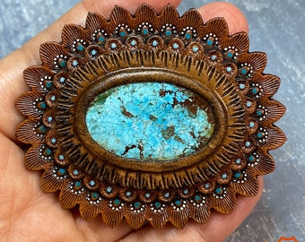 Hand tooled leather concho with turquoise - Natural gemstone accessory - Gemstone for a bag - Bag accessory - Bag maker’s supply