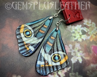 Hand tooled leather iridescent buckeye butterfly wings earrings with sterling silver hooks - Autumn butterfly earrings