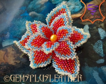 Beaded fire flower brooch / pendant transformer with a natural freshwater pearl - DIY artisan jewelry - Floral jewelry - Handmade jewelry