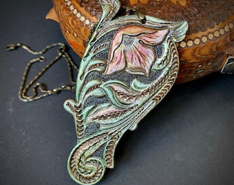 Tooled leather pendant - Hand tooled and hand painted floral leather pendant with bronze chain in Western style made by GemsPlusLeather