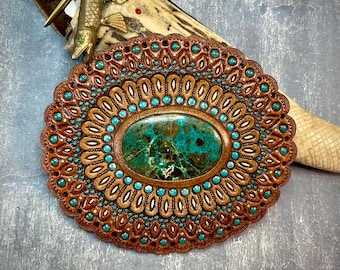 Hebilla de cinturón de cuero repujado con crisocola - Material artístico para fabricantes de cinturones