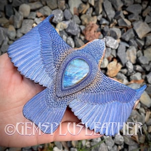 Bluebird bracelet - Hand tooled and hand painted leather bluebird cuff bracelet with blue labradorite cabochon