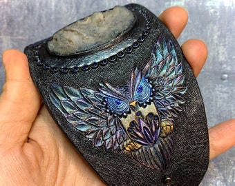 Hand tooled and hand painted leather cuff bracelet with rainbow owls and chalcedony druzy - Exclusive jewelry for stylish ladies