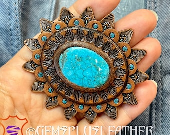 Hand tooled leather concho with turquoise - Natural gemstone accessory - Gemstone for a bag - Bag accessory - Bag maker’s supply