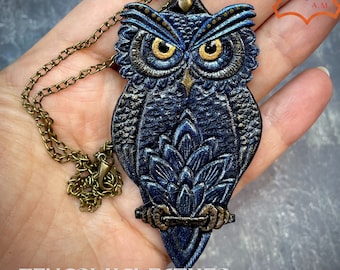 Hand tooled leather iridescent blue fantasy owl pendant on a bronze chain - Exotic jewelry - Leather gift for her