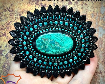 Hand tooled leather concho with chrysocolla cabochon - Natural gemstone accessory - Gemstone for a bag - Bag accessory - Bag maker’s supply