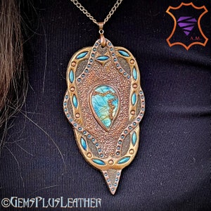 Hand tooled leather pendant with blue labradorite and copper chain - Fantasy leather jewelry - Abstract necklace by GemsPlusLeather