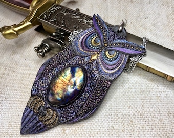 Hand tooled leather iridescent fantasy owl pendant with amazing rainbow labradorite - Exotic jewelry - Leather gift for her