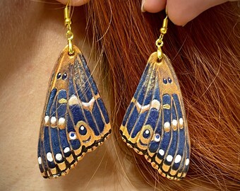 Hand tooled leather iridescent fantasy butterfly wings earrings with golden color hooks - Exclusive gift for her