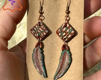 Hand tooled and hand painted leather Boho style earrings with turquoise patina and copper furniture - Boho chic by GemsPlusLeather