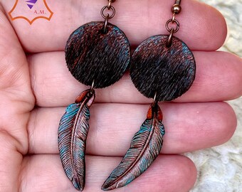 Hand tooled and hand painted leather cowgirl earrings with hair-on cow hide and copper furniture - Boho chic by GemsPlusLeather