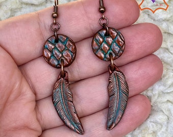 Hand tooled and hand painted leather Boho style earrings with turquoise patina and copper furniture - Boho chic by GemsPlusLeather