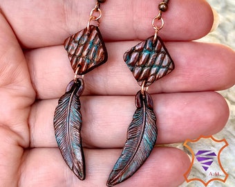 Hand tooled and hand painted leather Boho style earrings with turquoise patina and copper furniture - Boho chic by GemsPlusLeather