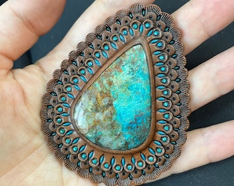 Hand tooled leather concho with chrysocolla cabochon - Natural gemstone accessory - Gemstone for a bag - Bag accessory - Bag maker’s supply