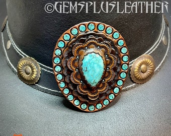 Hand tooled leather concho with turquoise - Natural gemstone accessory - Gemstone for a bag - Bag accessory - Bag maker’s supply