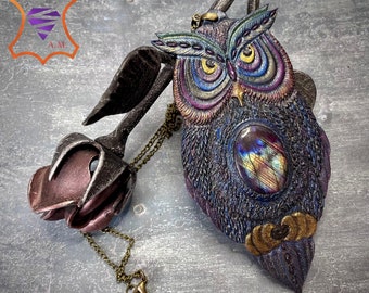 Hand tooled leather iridescent fantasy owl pendant with amazing rainbow labradorite - Exotic jewelry - Leather gift for her