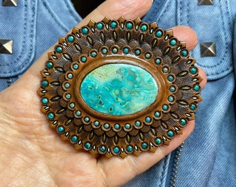 Hand tooled leather concho with chrysocolla cabochon - Natural gemstone accessory - Gemstone for a bag - Bag accessory - Bag maker’s supply