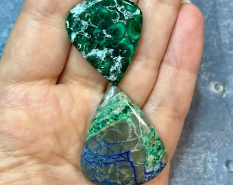 Azurite-malachite and malachite-chrysocolla cabochons - DIY jewelry supply for wire wrapping, bead embroidery, macrame, soutache, etc