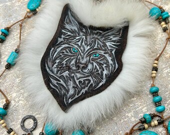 Hand Tooled Leather Lynx Necklace: Fur & Turquoise Tribal Jewelry