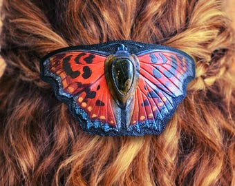 Tooled Leather Butterfly Hair Barrette with Pietersite Gemstone